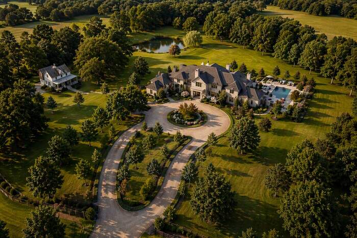 Aerial view of a retained farmhouse and barn beside a new estate home and approach drive