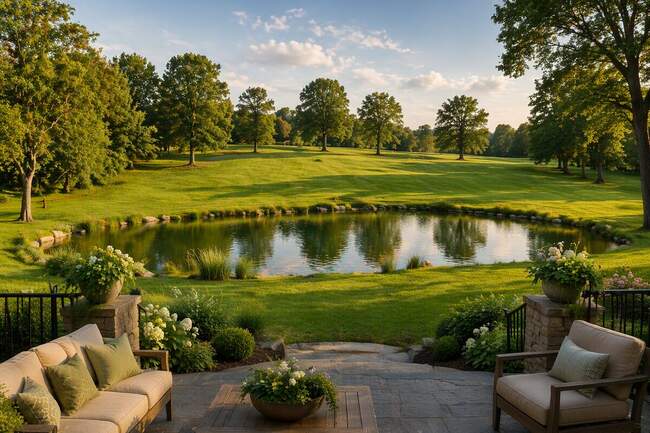 Rear yard patio overlooking a pond and mature open lawn